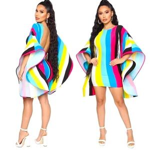 All About Me- Vibrant Striped Open-Back Mini Dress. Size S/M